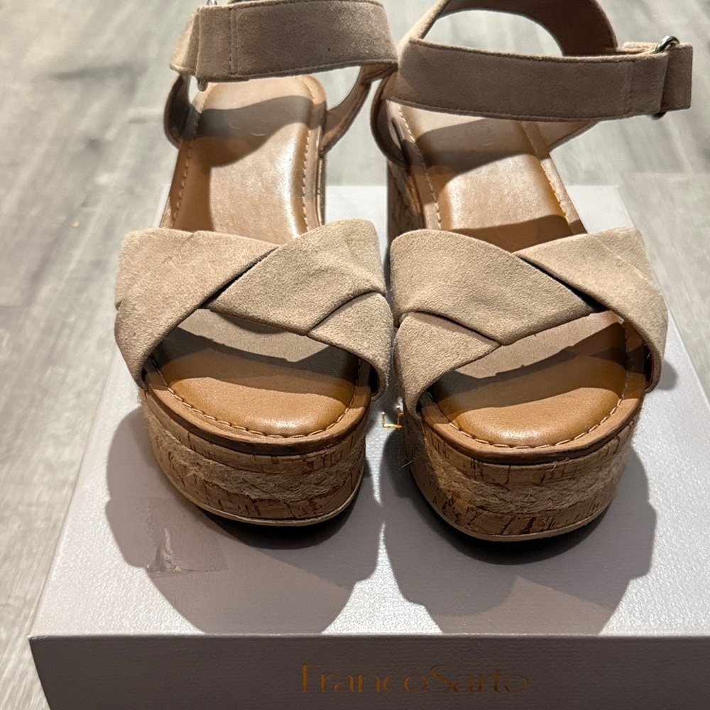 Franco Sarto Beige Cork Wedge Sandals